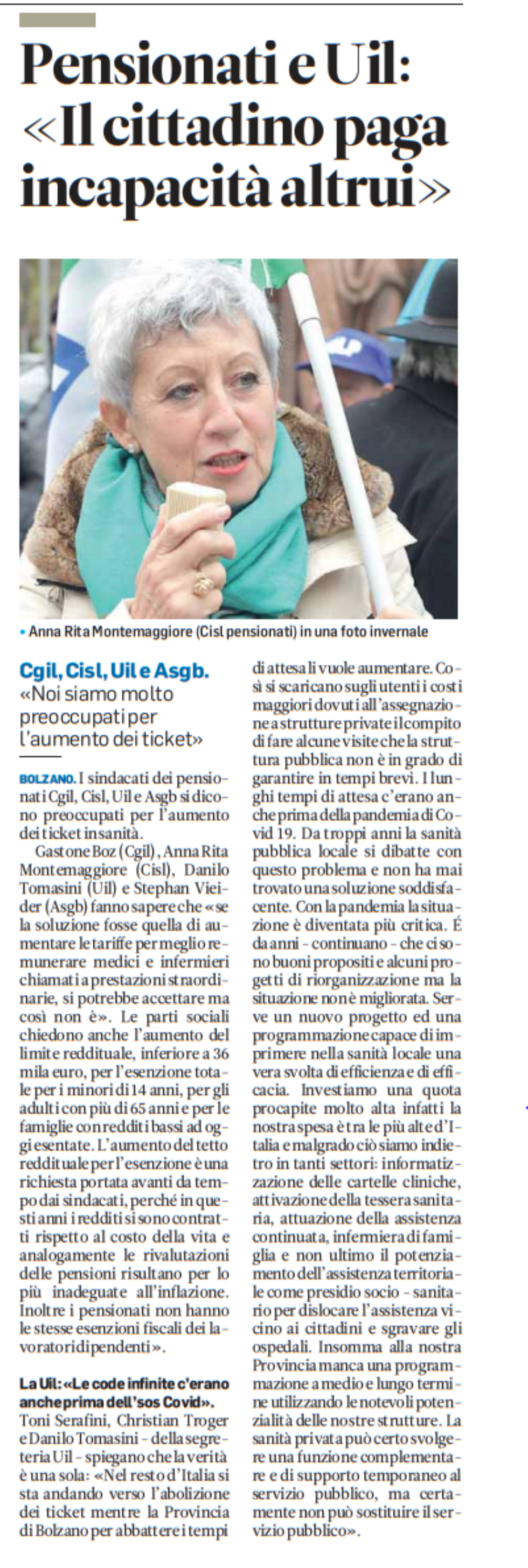 I Sindacati unitari dei pensionati sul piede di guerra, contro la delibera dell´aumento del ticket da 25 a 36 euro a prestazione...