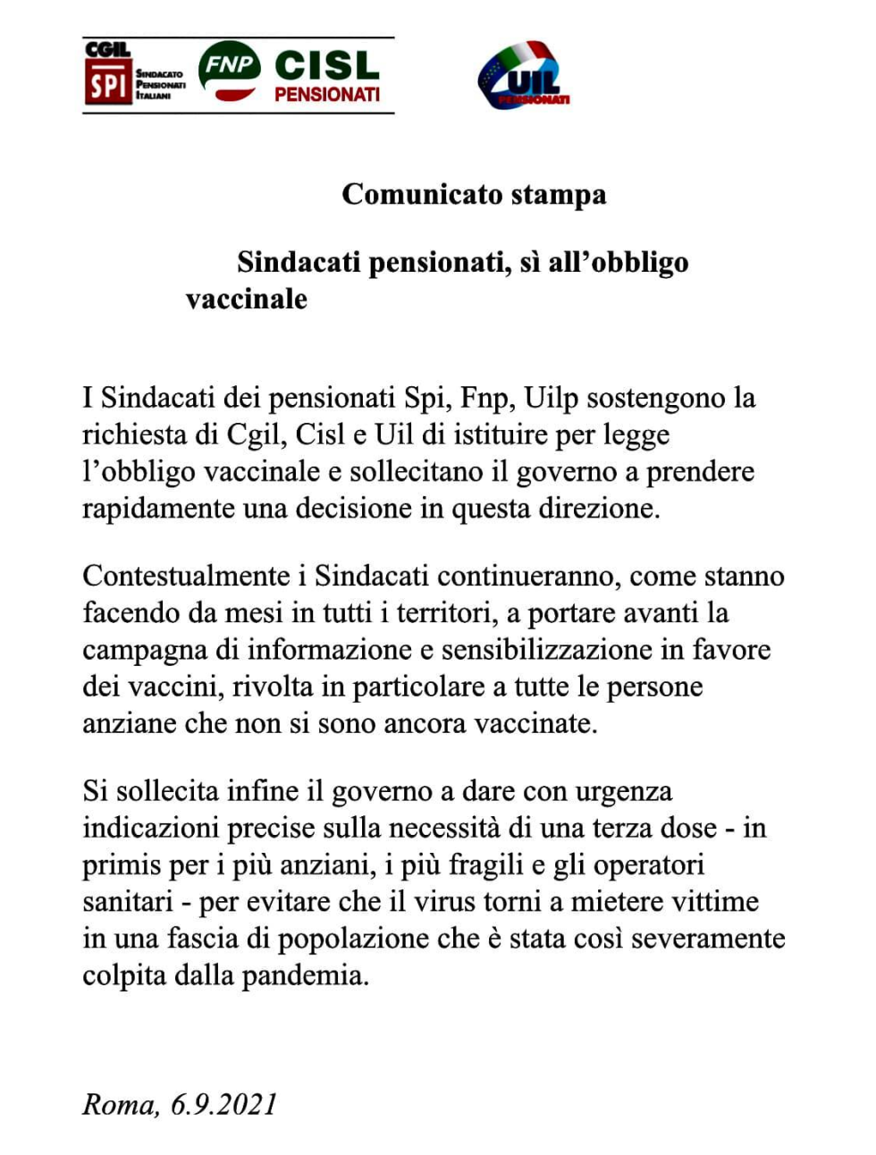 Sindacato pensionati- Si all'obbligo vaccinale